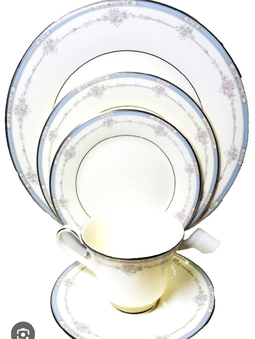 Pfaltzgraff White Dinnerware with Blue Rim, Pink Floral & Gold Trim
